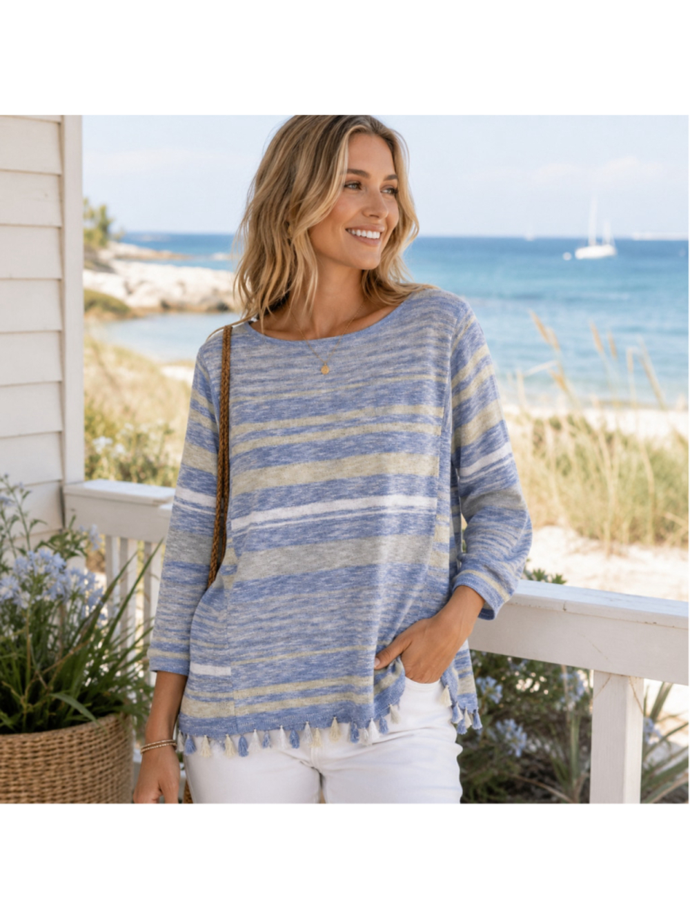 Joseph A. Blue Stripe Tassel Hem Lightweight Knit Sweater Top Small Boho Coastal